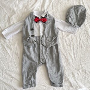 Baby Boy Formal Suit Outfit One-Piece Romper Vest & Beret & BowTie 12-18 Months